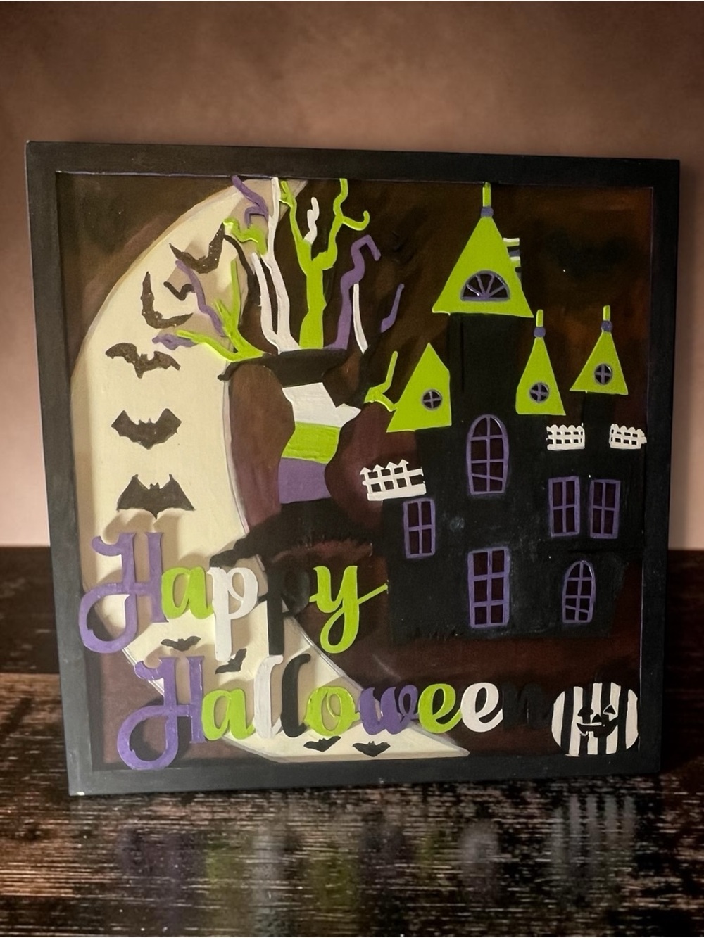 Happy Halloween Haunted House Wall Art - Green & Purple